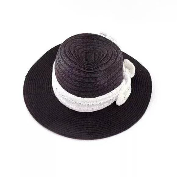 August Hat Company Panama Fedora Hat Black White Eyelet Embroidered Trim Bow - Picture 1 of 5